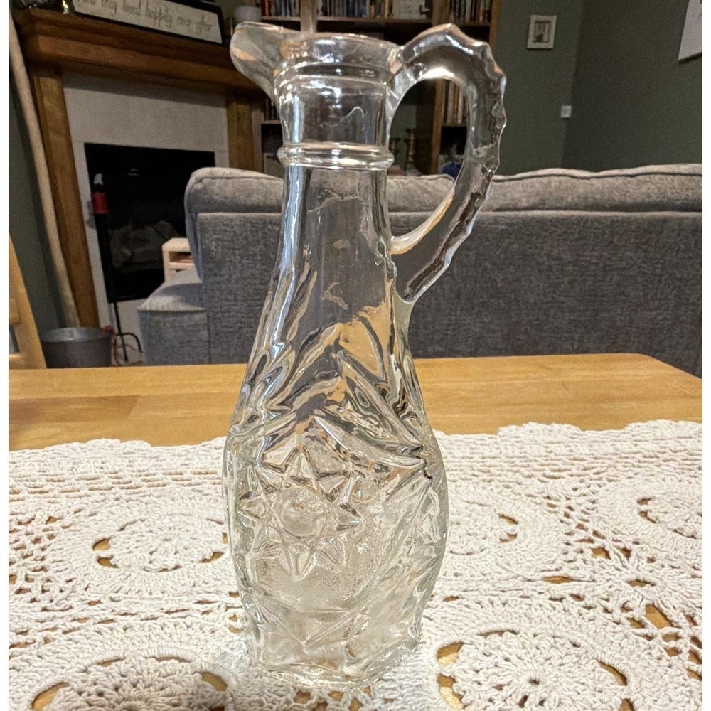 Vintage Clear Pressed Glass Cruet Starburst Diamond Pattern Oil Vinegar Decanter